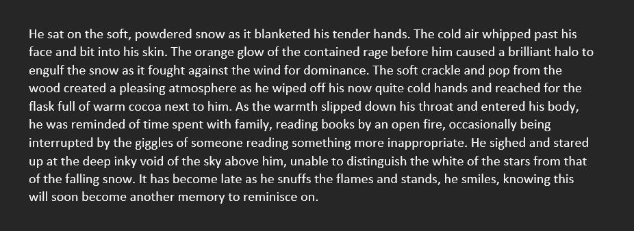 He sat on the soft, powdered snow as it blanketed his tender hands. The cold air whipped past his face and bit into his skin. The orange glow of the contained rage before him caused a brilliant halo to engulf the snow as it fought against the wind for domi